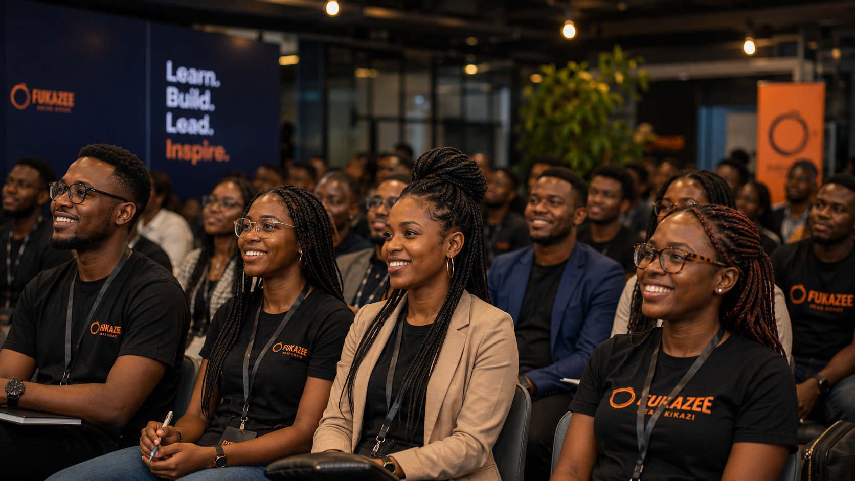 Audience of African learners smiling during a workshop