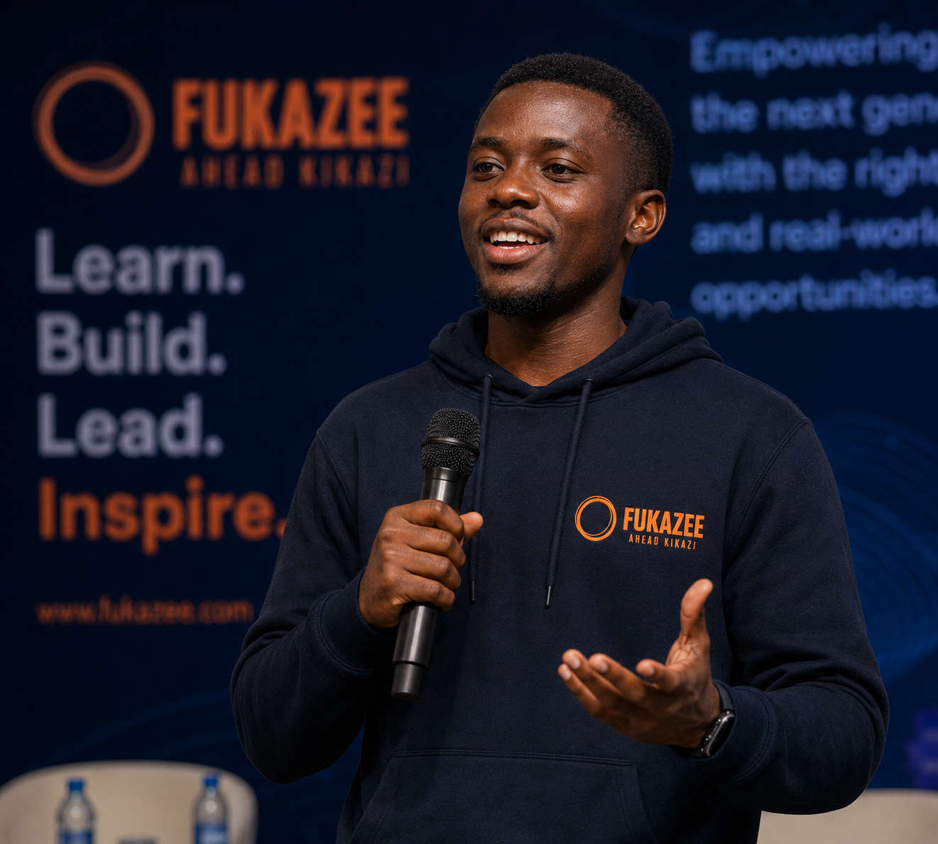 Young African male speaker holding a microphone