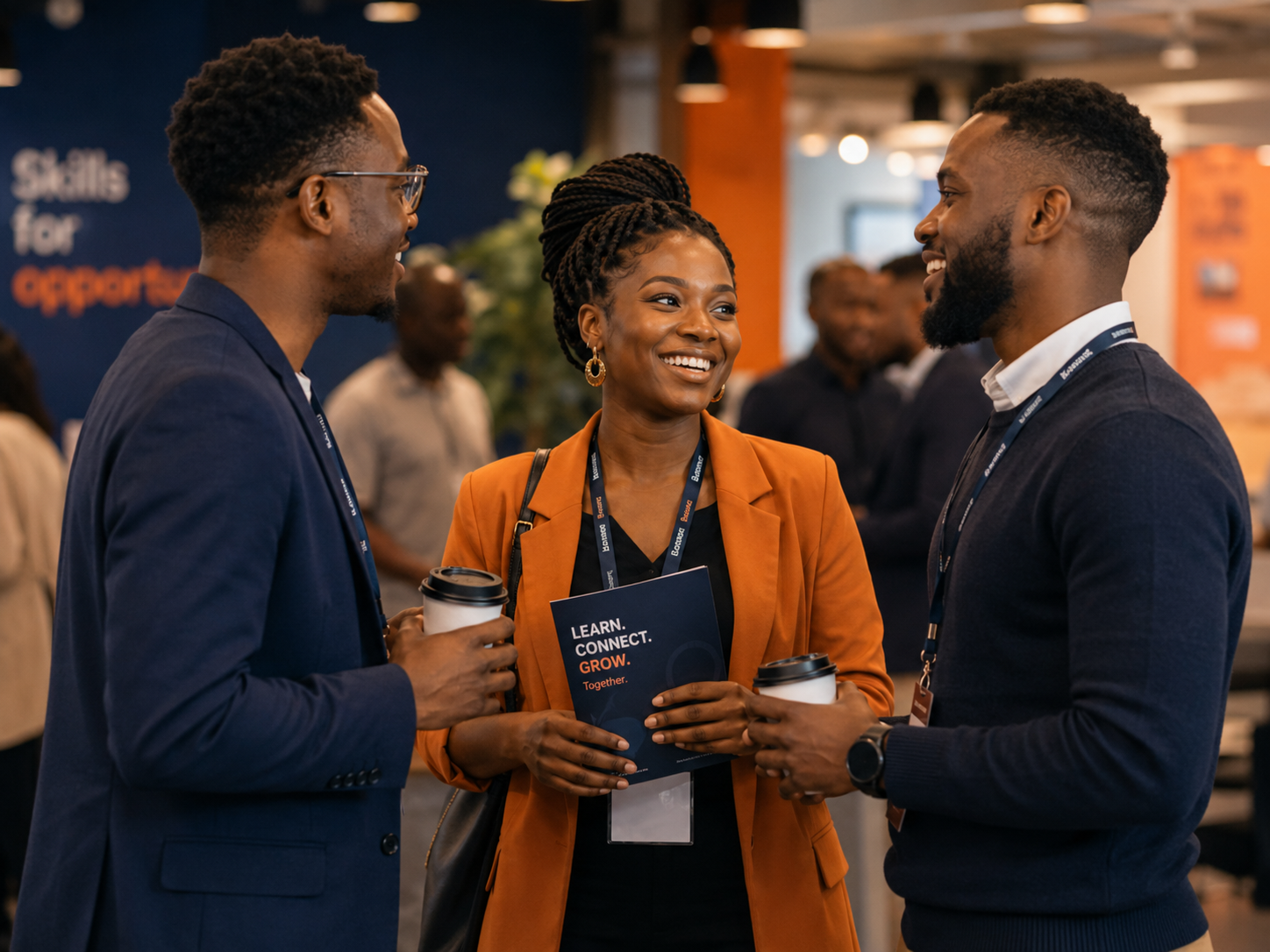 Three African professionals networking and smiling