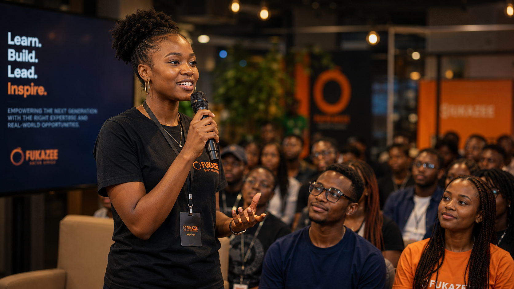 Young African woman speaking into a microphone at a FuKazee community event