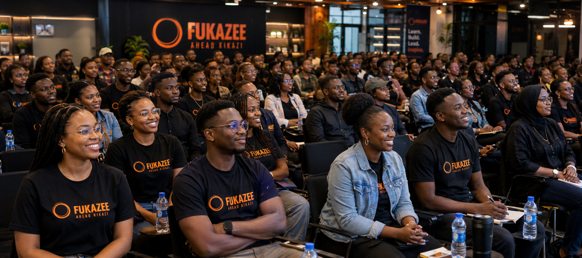 Wide audience of FuKazee learners and professionals smiling during a session