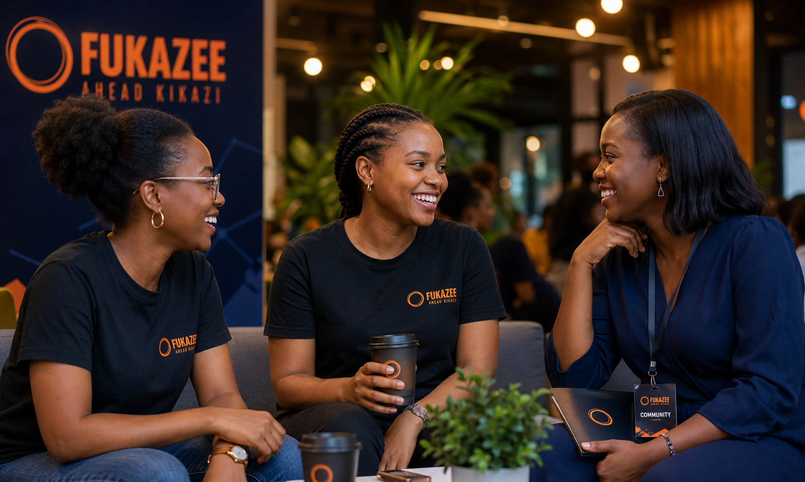 Three African women sitting together and talking at a community event