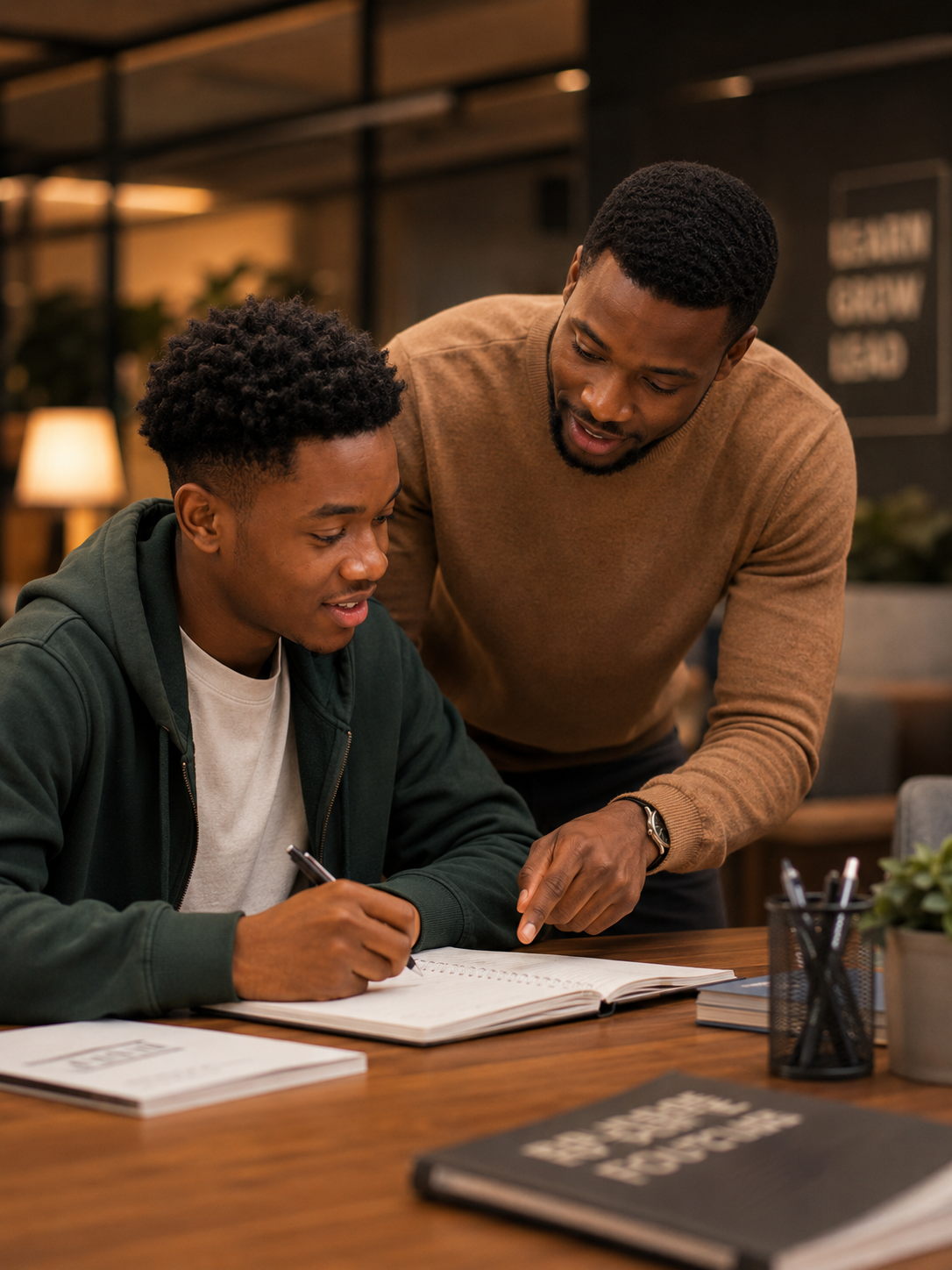Mentor helping a student with a notebook