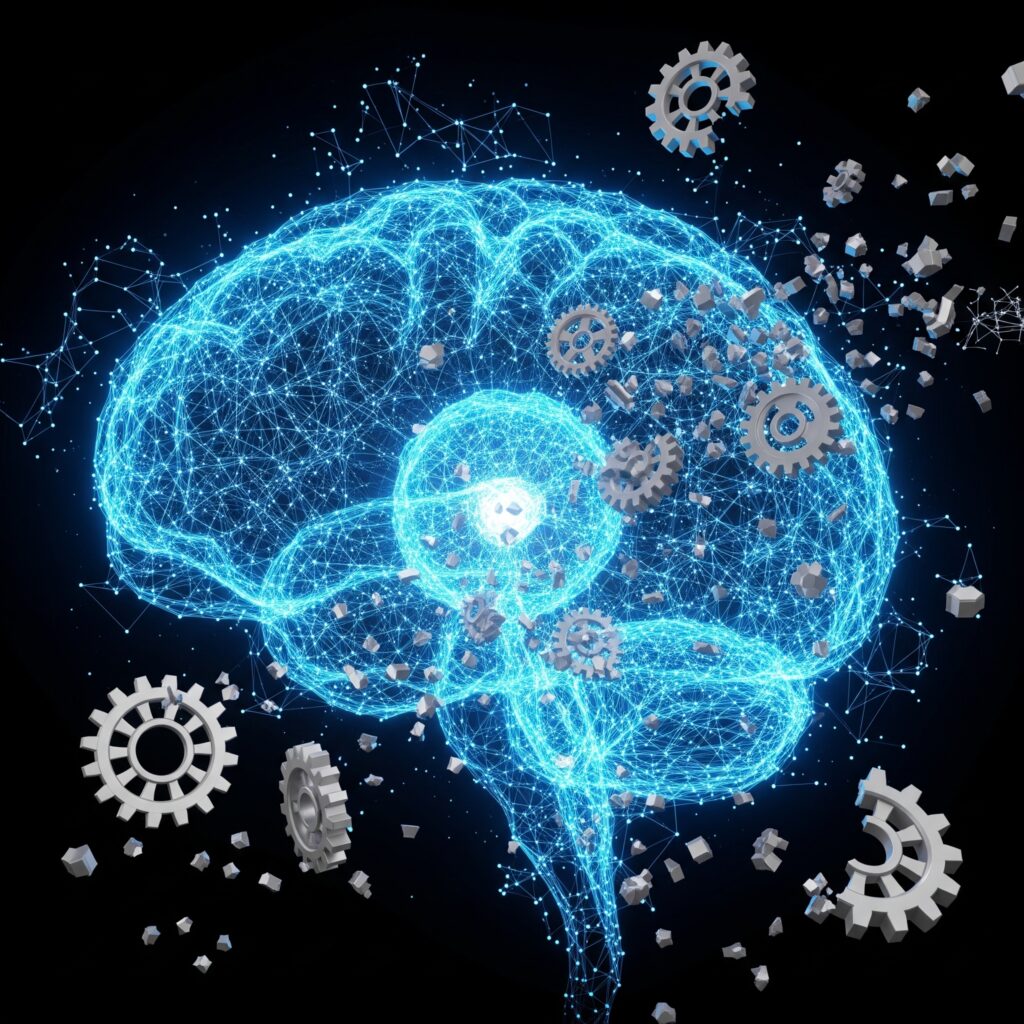 AI Brain with Broken Gears/Cogs: An artistic rendering of a stylized AI brain or neural network, with some gears or cogs visibly broken, misaligned, or falling out, symbolizing the "collapse zone" and the limits of reasoning.