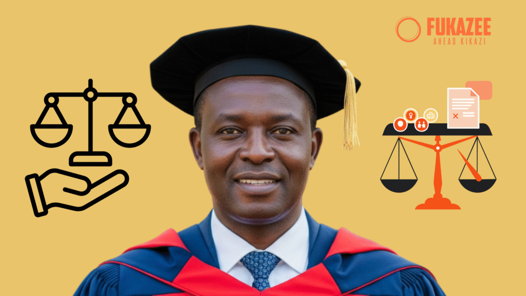A PhD graduate with his regalia. He is surrounded by symbols of ethics the weighing scale.