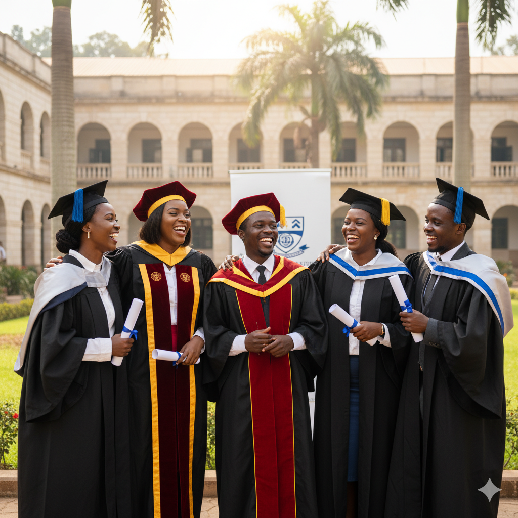 image of five postgraduate students in Kenya in their graduation regalia, with three women and two men, some Masters and some PhD graduates