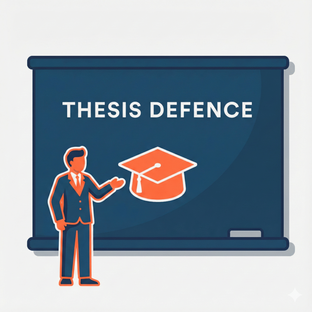 A graphic of a person presenting his PhD thesis defence